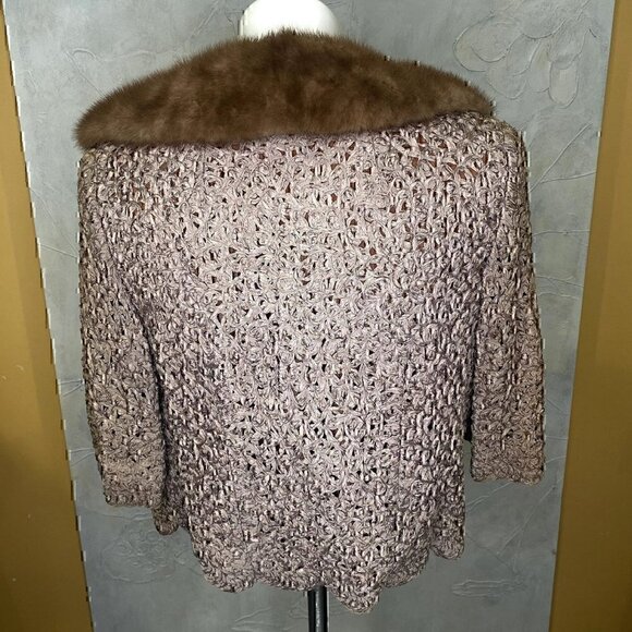 Vintage 40s 50s Pam Stewart ribbon knit crop coat chocolate brown mink collar - Picture 10 of 17